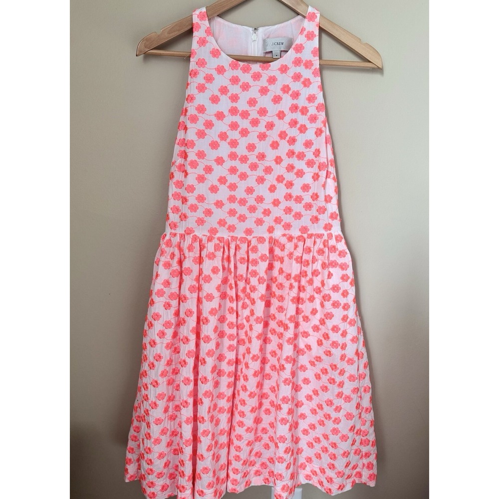 J Crew Women's Embroidered Flowers White Cotton Dress 8 EUC Party Preppy Pockets